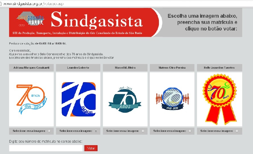 Selo comemorativo dos 70 anos do Sindgasista: precisamos do seu voto!