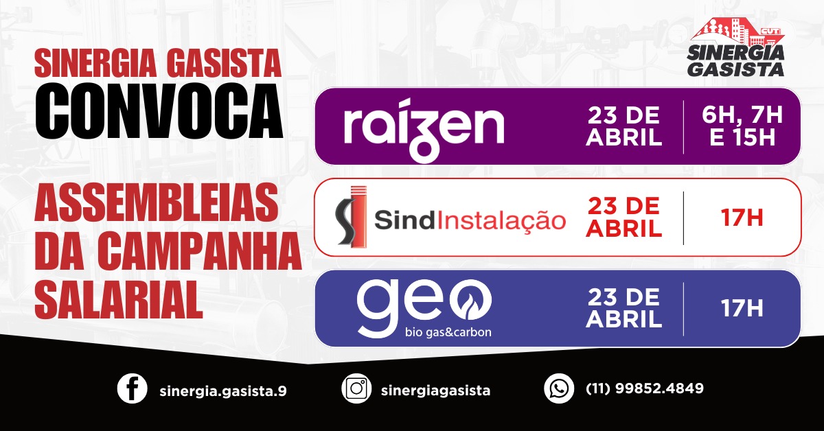 ASSEMBLEIAS DA CAMPANHA SALARIAL DA CRI GEO, RAÍZEN E SINDINSTALAÇÃO